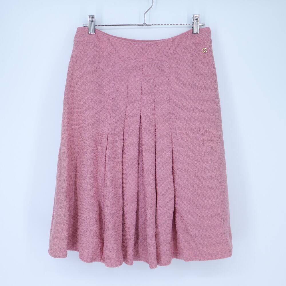 Chanel Coco Mark Tweed Skirt Mauve Pink Pleated Summer Wool Women's 40/US 8